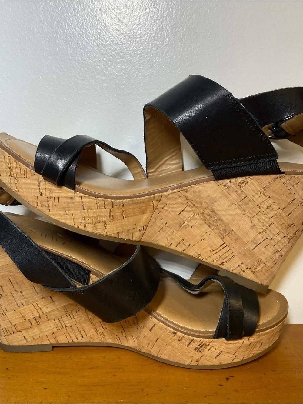 Franco Sarto Women’s 7 Black Leather Strappy Cork Wedges Heels Cooper Sandals